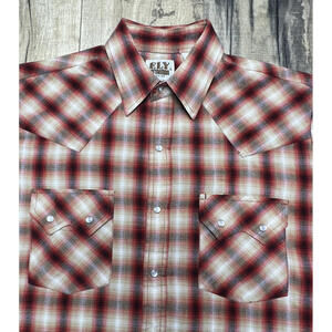 Vintage 90s Ely Cattleman Western Sawtooth Pearl Snap Plaid Brush popper Medium.